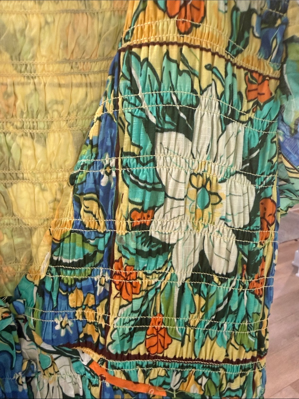 anthropology Floral Lemon Print Smoked V-Neck Maxi Dress - Green & Yellow - Picture 6 of 7
